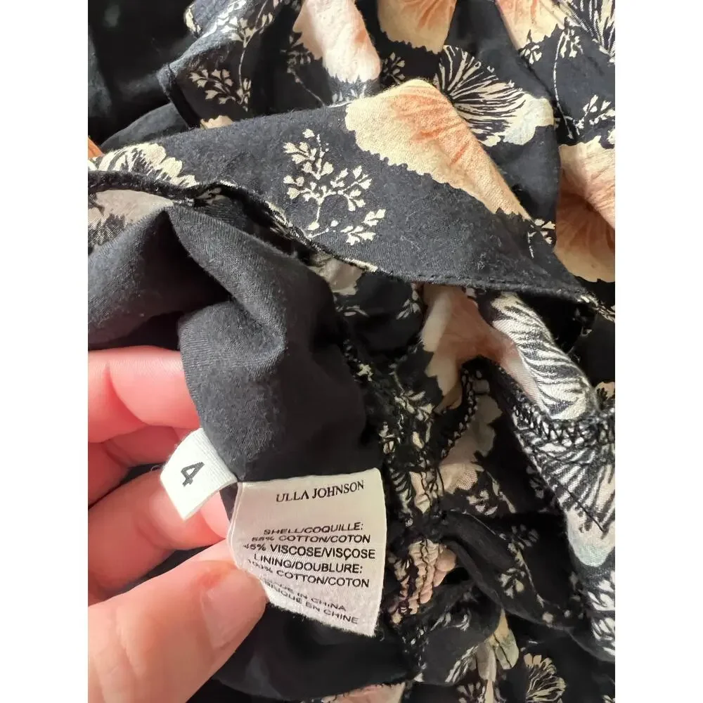 Ulla Johnson Size 4 Nadya Black Gardenia Floral Ruffle Peplum Cotton Blouse